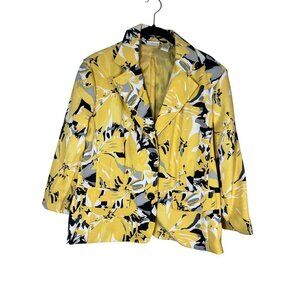 Kim Rogers Floral Jacket L Yellow Tropical Resort Preppy Old Money Classic Chic
